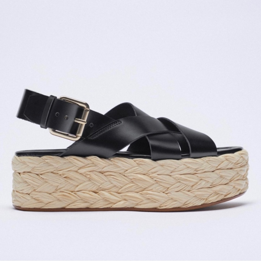 Zara Black Straw Leather Platform Sandals